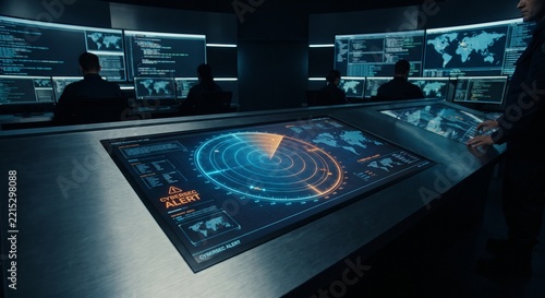 Futuristic sci-fi spacecraft command center control console screen with radar and data graphs