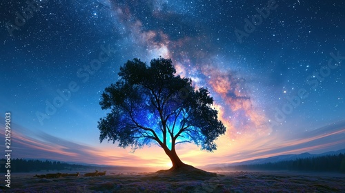 A solitary tree glows with internal blue light against a twilight sky filled with the Milky Way.