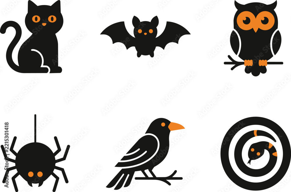Fototapeta premium Halloween animal icons set featuring black cat bat owl spider raven snake