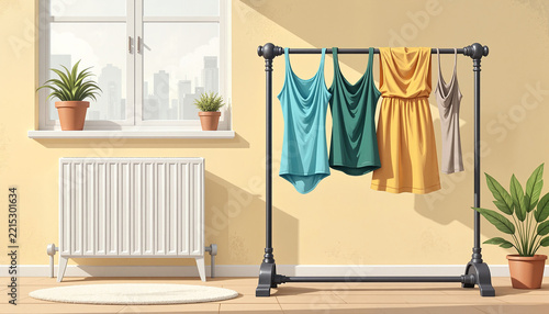 clothing hanging on a rack against a bright indoor background with pots of plants and a window view, ideal for home decor or lifestyle presentations