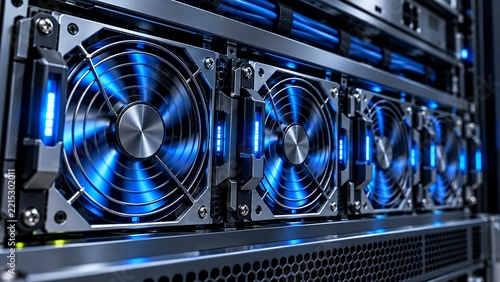 High-RPM Server Fan Bank Matrix with Cool Blue Airflow Lighting