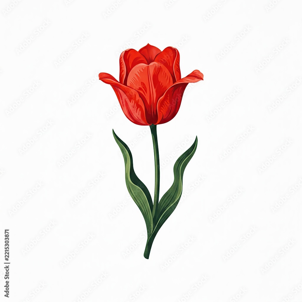 Fototapeta premium Vintage botanical illustration of a single red tulip flower with green leaves and long stem, isolated on a clean white background. Elegant 2D floral artwork for spring and garden design concepts.