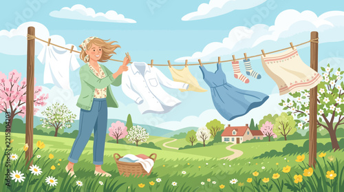 Woman hanging laundry on clothesline in a sunny spring meadow vector illustration