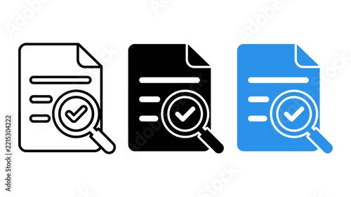 Set of document audit icons with checkmark and magnifying glass in line, solid, and blue styles