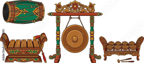 Traditional indonesian gamelan musical instruments set including a gong and drums isolated on a white background