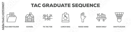 Tac Graduate Sequence with icon of File and folder, School, Tic tac toe, Lunch bag, Raise hand, Book shelf, Shuttlecock