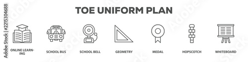 Toe Uniform Plan with icon of Online learning, School bus, School bell, Geometry, Medal, Hopscotch, Whiteboard