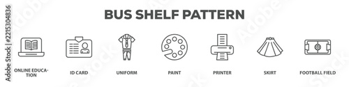 Bus Shelf Pattern with icon of Online education, Id card, Uniform, Paint, Printer, Skirt, Football field