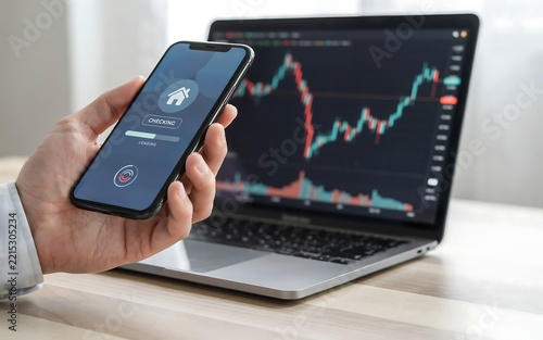 Person using smartphone and laptop for digital stock trading and smart home technology control