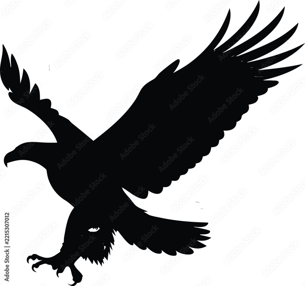 Fototapeta premium Hard-hitting Black Eagle Silhouettes, Predatory Bird with Spread Wings, Sharp Talons, Isolated Graphic, Vector Design for Logo, Coat of Arms, Textile, Sports, Hunting