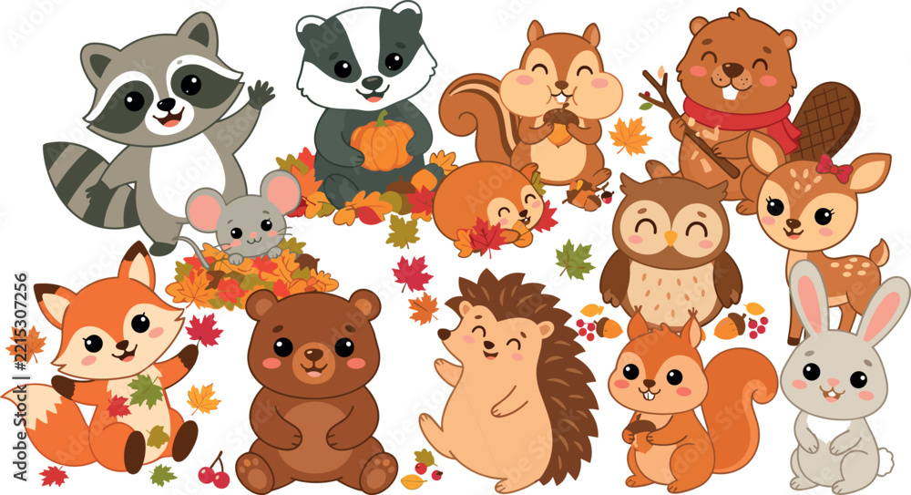 Fototapeta premium Cute Cartoon Woodland Animal Vector Clipart Set Featuring Raccoon Bear Fox Owl and Squirrel with Autumn Leaves for Fall Season Kindergarten Greeting Cards