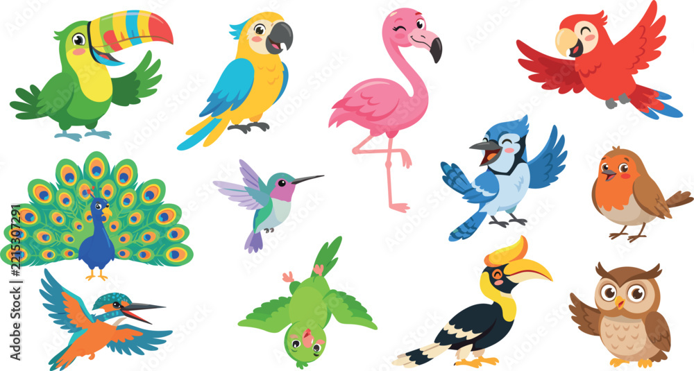 Fototapeta premium Tropical Cartoon Bird Vector Illustration Set Featuring Flamingo Peacock Toucan Owl and Parrot Characters for Children Book Design and Kindergarten Graphics