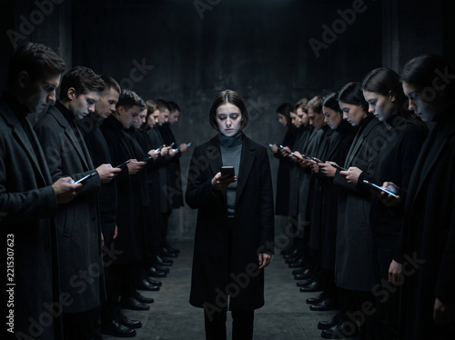 Woman standing among rows of people in dark coats absorbed in smartphones, digital fatigue, social isolation and technology addiction concept