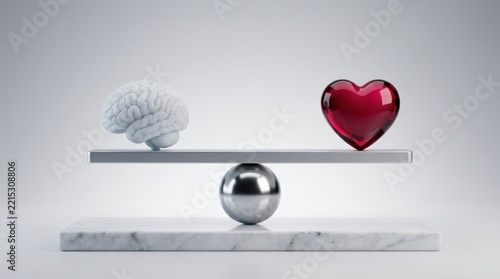 Balanced scale with a brain on one side and a translucent red heart on the other, representing balance between logic and emotion, decision making, and life choices
