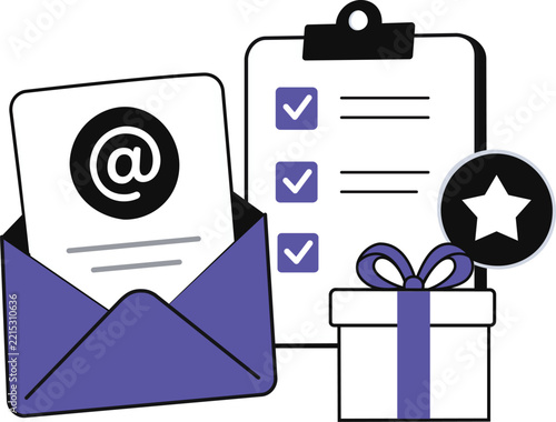 Email marketing concept with clipboard checklist and gift box icon