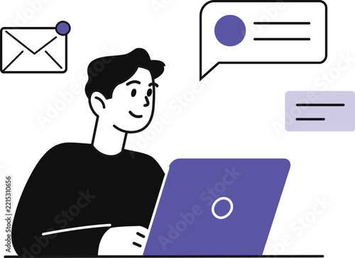 Young man working on a laptop with digital communication icons