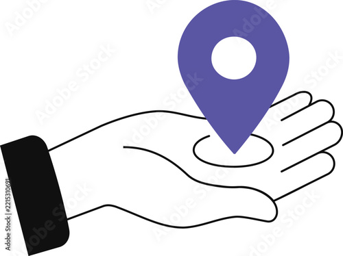 Hand holding a location pin icon for navigation and digital mapping