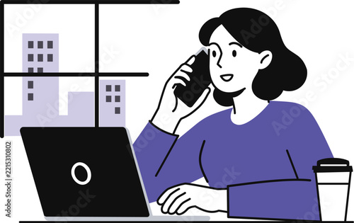 Business woman talking on phone at desk with laptop in office