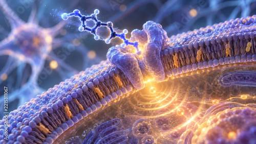 Melatonin molecule binding to receptor on cell membrane with glowing signal inside cell showing molecular interaction and biological process in scientific concept image
