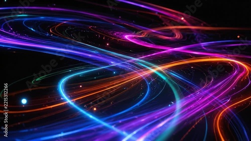 Abstract Light Trails: Swirling ribbons of vibrant neon light in shades of purple, blue, and orange streak across a dark background, creating a dynamic and futuristic visual effect.