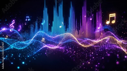 Abstract Soundwave Visualization: A vibrant, digital soundwave display in neon blues, purples, and oranges, pulsing with energy and scattered light particles, accompanied by musical notes.