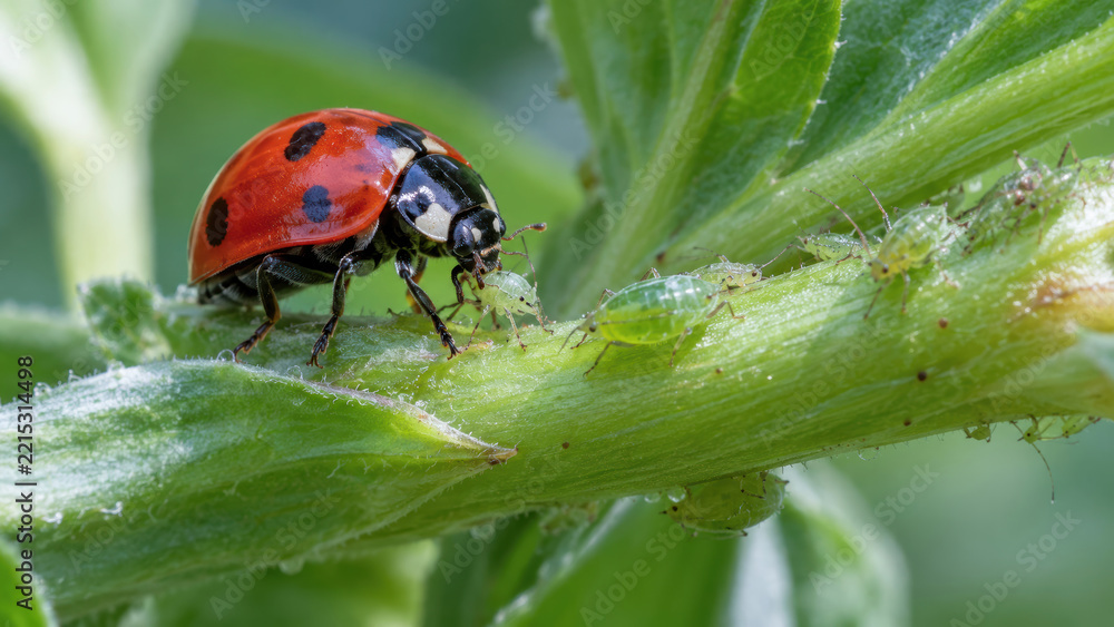 Fototapeta premium Ladybug aphid leaf crop pest garden protection plant insect natural pest control for plant health as ladybug feeds aphid among fresh green leaves