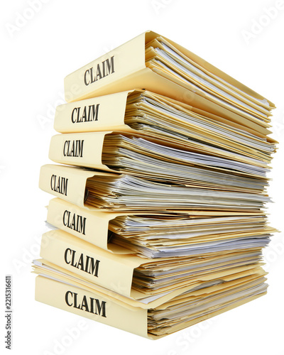 Stack of yellow manila folders with claim labels isolated on transparent background PNG element