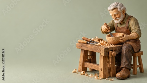 Carved wooden senior craftsman working on a bowl at a small workbench