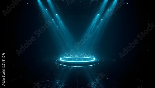 Futuristic glowing circular stage with blue spotlights in dark chamber