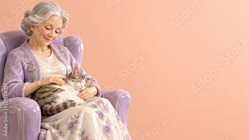 Glossy ceramic senior woman with a sleeping cat in a lavender armchair