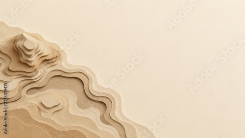 Layered Beige Paper Contours Forming Sculptural Hills Beside Cream Space