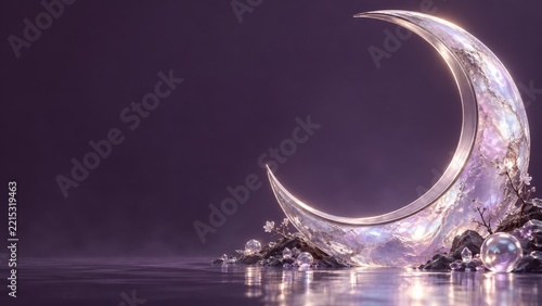 Iridescent Crystal Crescent on Reflective Water Against a Dark Plum Backdrop