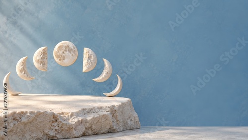 Ivory Stone Moon Phases Floating Above a Limestone Platform and Blue Wall