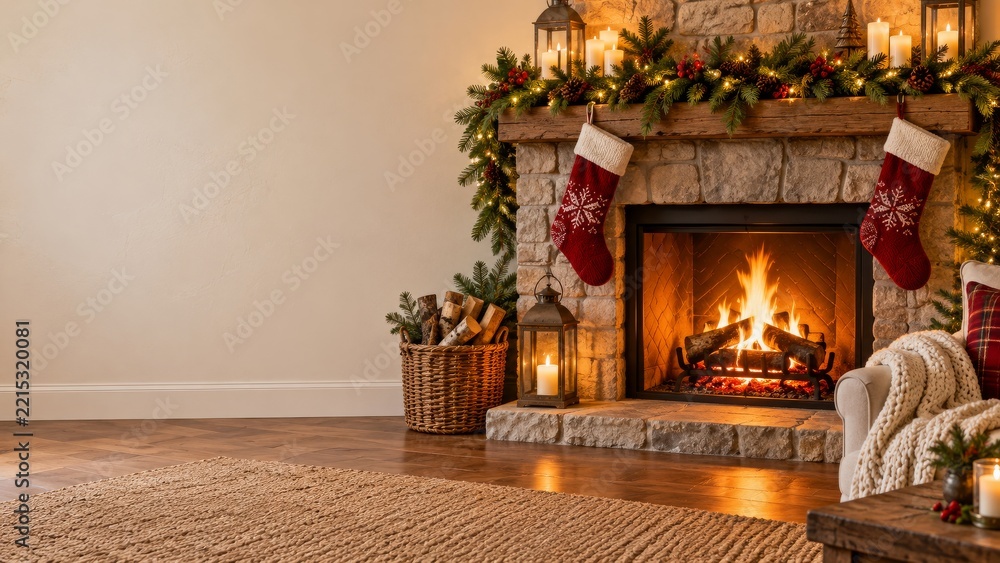 Fototapeta premium Cozy Stone Fireplace with Red Stockings and Evergreen Christmas Garland