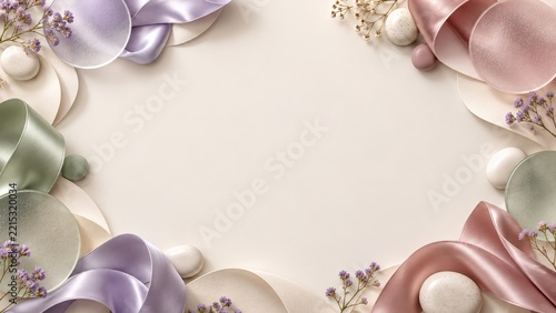 Pastel Satin Loops and Floral Decorations Framing a Blank Cream Center