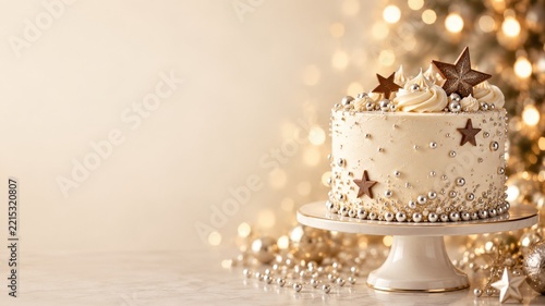 Ivory Celebration Cake with Chocolate Stars and Silver Pearls