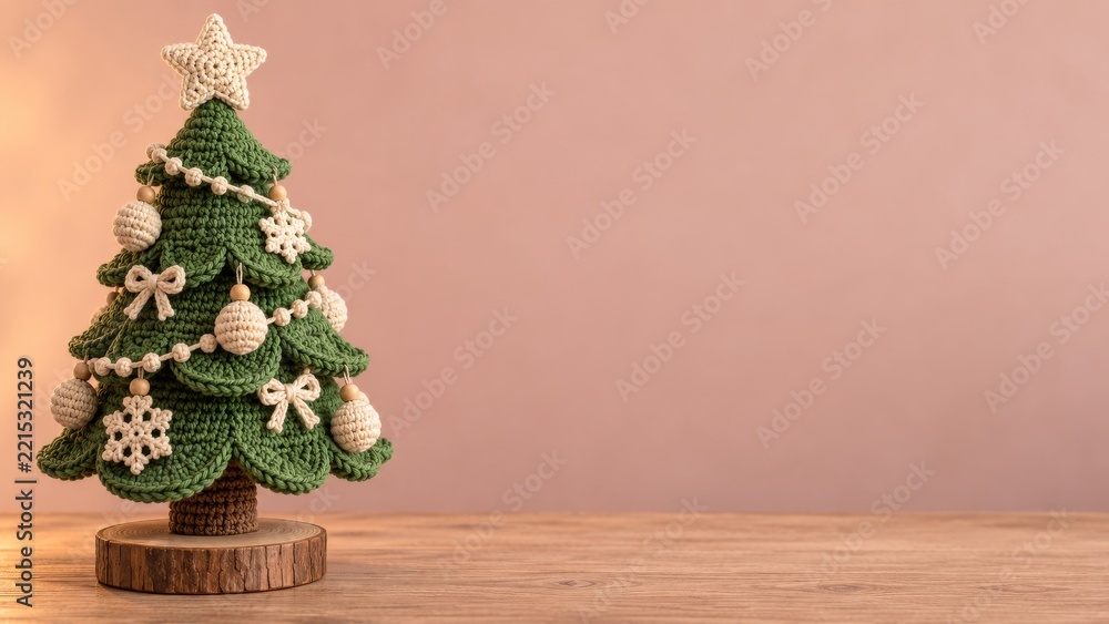 Fototapeta premium Crocheted Christmas Tree with Cream Ornaments on a Wooden Base