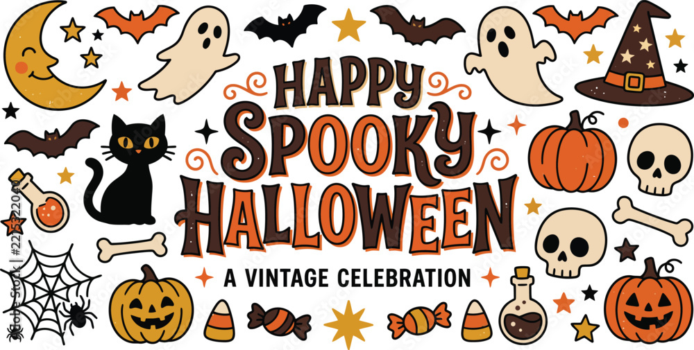 Fototapeta premium Happy Halloween Spooky Vintage Greeting Card With Ghost Pumpkin Bat Illustrations