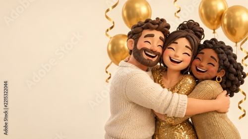Happy Cartoon Friends Hugging beneath Shiny Golden Party Balloons