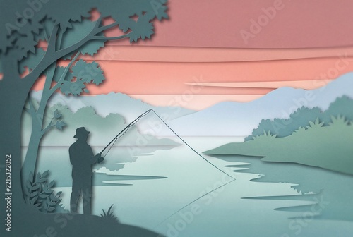 Paper cut fisherman fishing by a lake at sunset