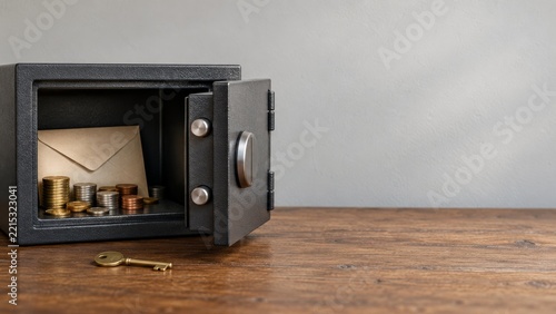 Open compact safe with envelopes and coins beside a brass key on wood