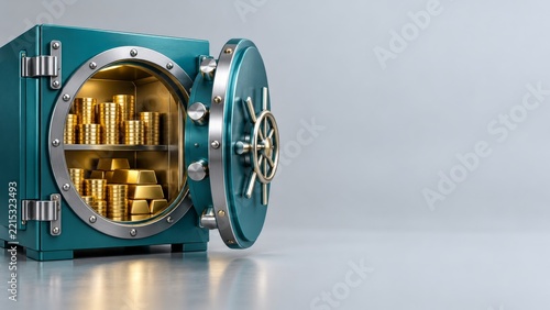 Open teal safe filled with gold coins and bullion on a gray surface