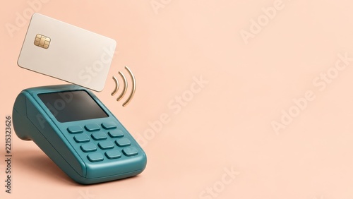 Teal payment terminal with floating ivory card and gold contactless arcs