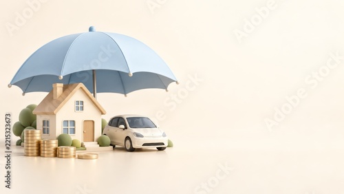 Blue umbrella sheltering a miniature cream house and white compact car