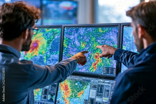Two professional meteorologists analyzing global climate data and pointing at a hurricane tracking radar on multiple monitors in a high tech control room
