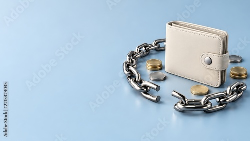 Ivory wallet surrounded by a broken silver chain and loose savings coins