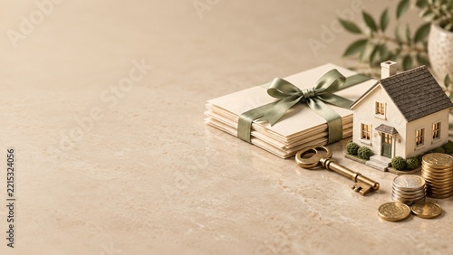 Miniature house with ribbon tied envelopes brass key and metallic coins