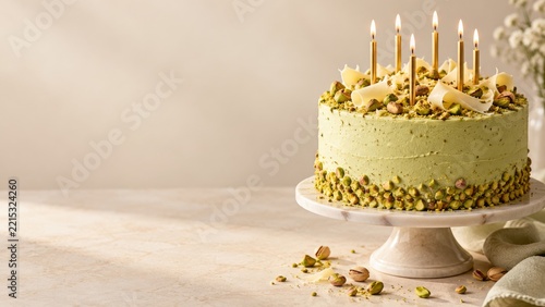 Pistachio birthday cake with white chocolate curls on a neutral stone tabletop