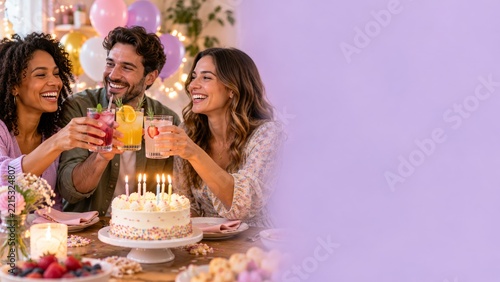 Friends laughing and toasting birthday drinks beside cake and pastel balloons