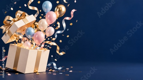 Open ivory birthday gift releasing balloons and ribbons against a navy backdrop
